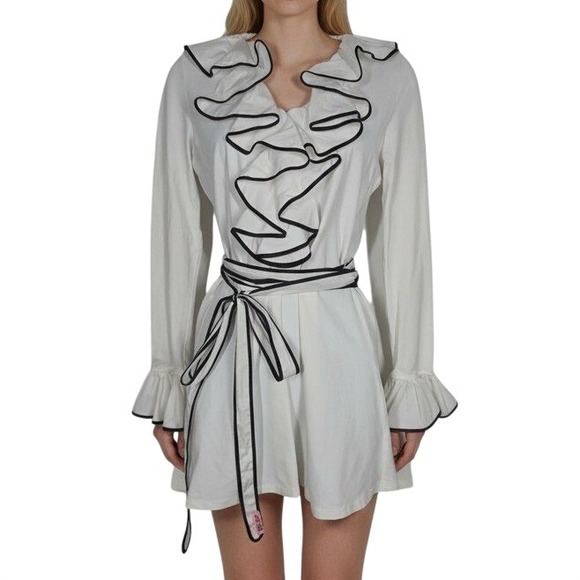 Anne Fontaine Tops - Anne Fontaine White Ruffle Wrap Tunic Blouse Dress Womens S/40 Coquette Piping